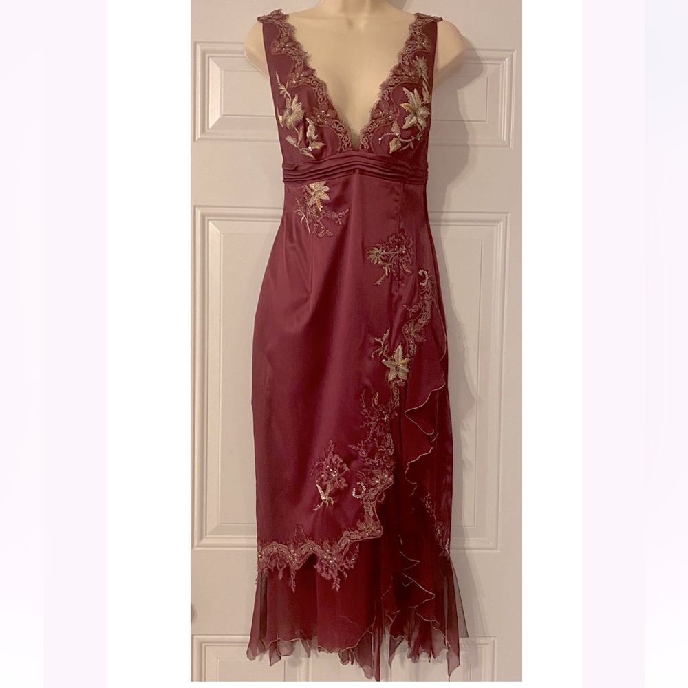 Mandalay/Julian Joyce Vintage Burgundy Wine Satin Cocktail Dress Sz 10 NEW RARE